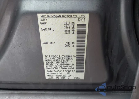 2016 Nissan Altima 2.5/2.5 S/2.5 Sl/2.5 Sr/2.5 Sv из США, поврежденный, VIN 1N4AL3AP5GC133036